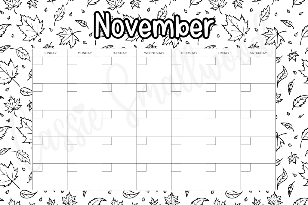 blank November coloring calendar free printable pdf, calendar to color for kids, color your own calendar, cute blank monthly calendar black and white, 12 month calendar empty no dates downloadable, free printable monthly calendar