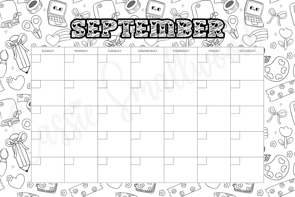 blank September coloring calendar free printable pdf, calendar to color for kids, color your own calendar, cute blank monthly calendar black and white, 12 month calendar empty no dates downloadable