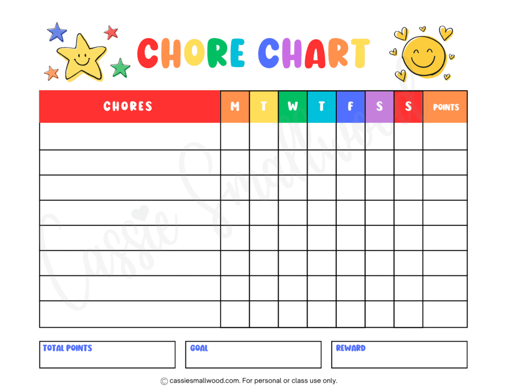 free printable blank weekly chore chart for kids, simple daily chore chart for kids, rewards chore chart for kids, responsibilities chart for kids