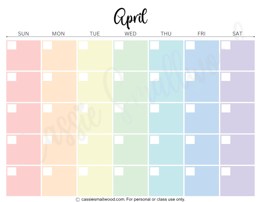 rainbow cute 12 month blank calendar free printable pdf, colorful monthly blank calendar free printable pdf, free printable yearly calendar blank template downloadable pdf, April blank calendar template aesthetic pastel