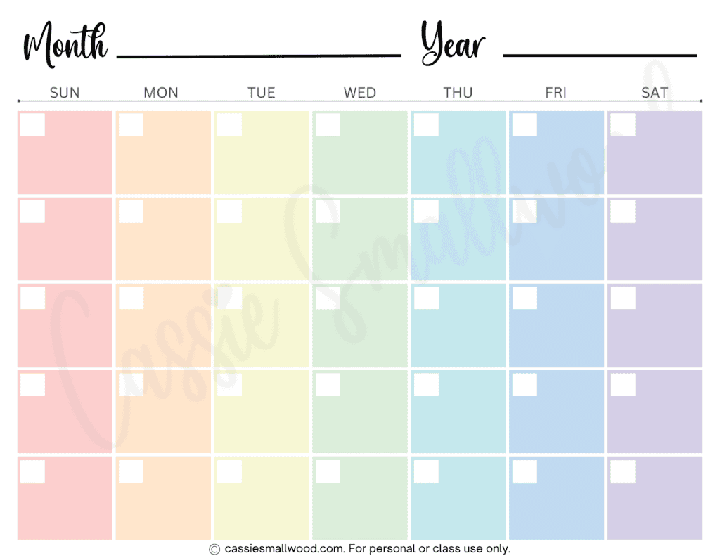 free printable colorful blank calendar template pdf, monthly calendar page blank cute, full page blank calendar printable free download