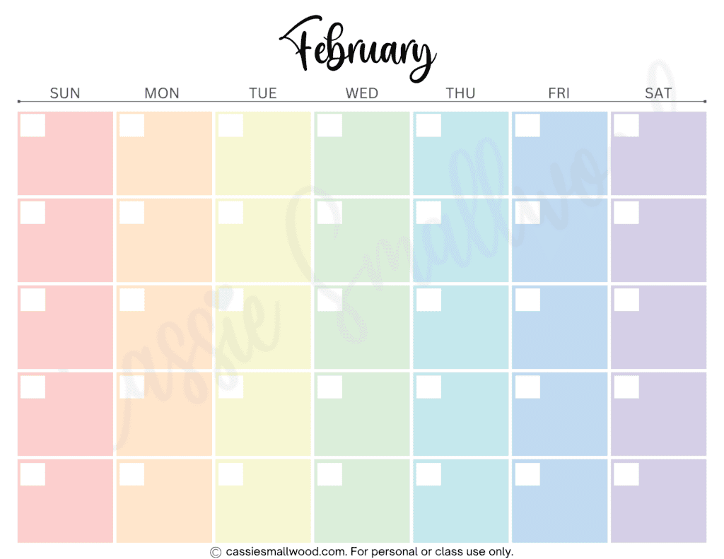 rainbow 12 month blank calendar free printable pdf, colorful monthly blank calendar free printable pdf, free printable yearly calendar blank template downloadable pdf, February blank calendar template aesthetic pastel
