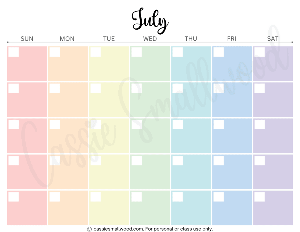 rainbow 12 month blank calendar free printable pdf, colorful monthly blank calendar free printable pdf, free printable yearly calendar blank template downloadable pdf, July blank calendar template aesthetic pastel