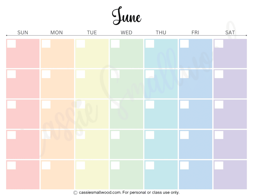 rainbow 12 month blank calendar free printable pdf, colorful monthly blank calendar free printable pdf, free printable yearly calendar blank template downloadable pdf, June blank calendar template aesthetic