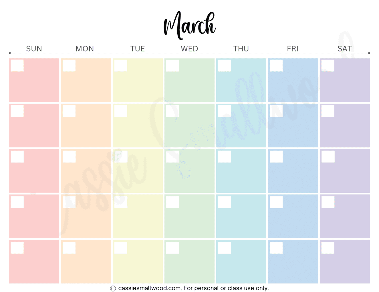 Colorful Blank Monthly Calendar (FREE Printable) - Cassie Smallwood