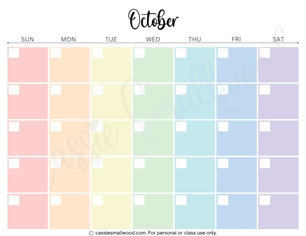 12 month blank calendar free printable pdf, colorful monthly blank calendar free printable pdf, free printable yearly calendar blank template downloadable pdf, October blank calendar template