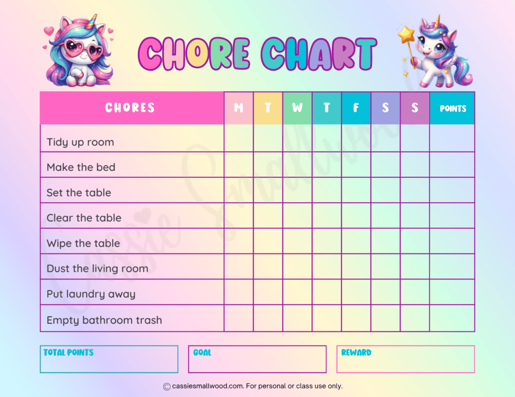cute chore chart for girls free printable pdf, 5 year old chore chart, kindergarten chore chart free printable pdf, unicorn chore chart