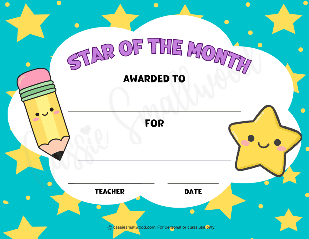 cute star of the month certificate free printable pdf, cute student of the month certificate for elementary, preschool, kindergarten, free download star student of the month certificate, star of the month award blank template