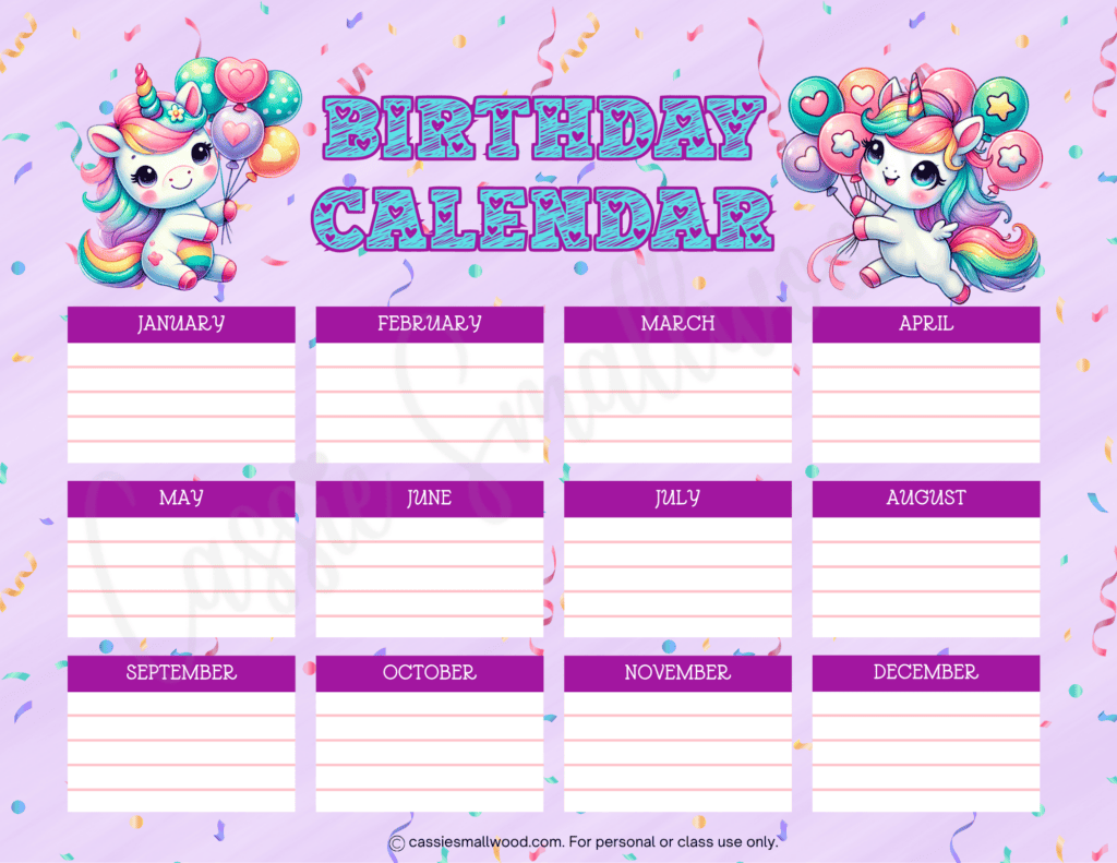 cute unicorn birthday chart free printable pdf, classroom birthday calendar free printable pdf, preschool birthday tracker, primary school birthday chart