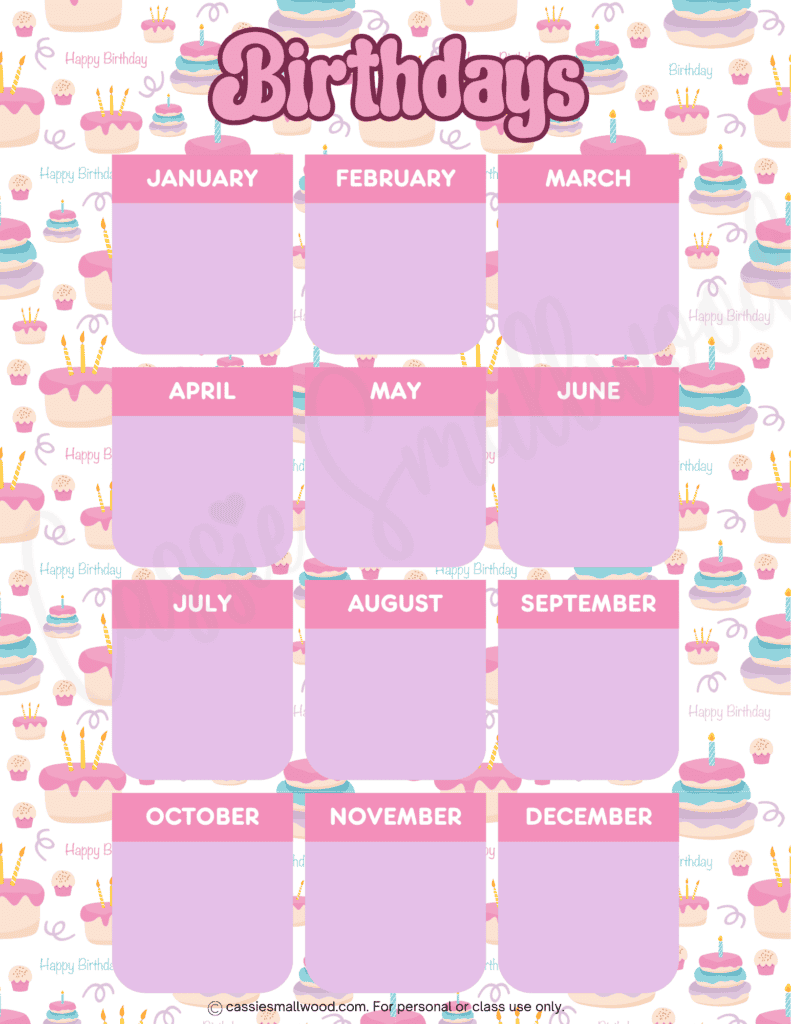 free printable birthday calendar pdf, aesthetic birthday tracker for work, classroom birthday chart paper poster