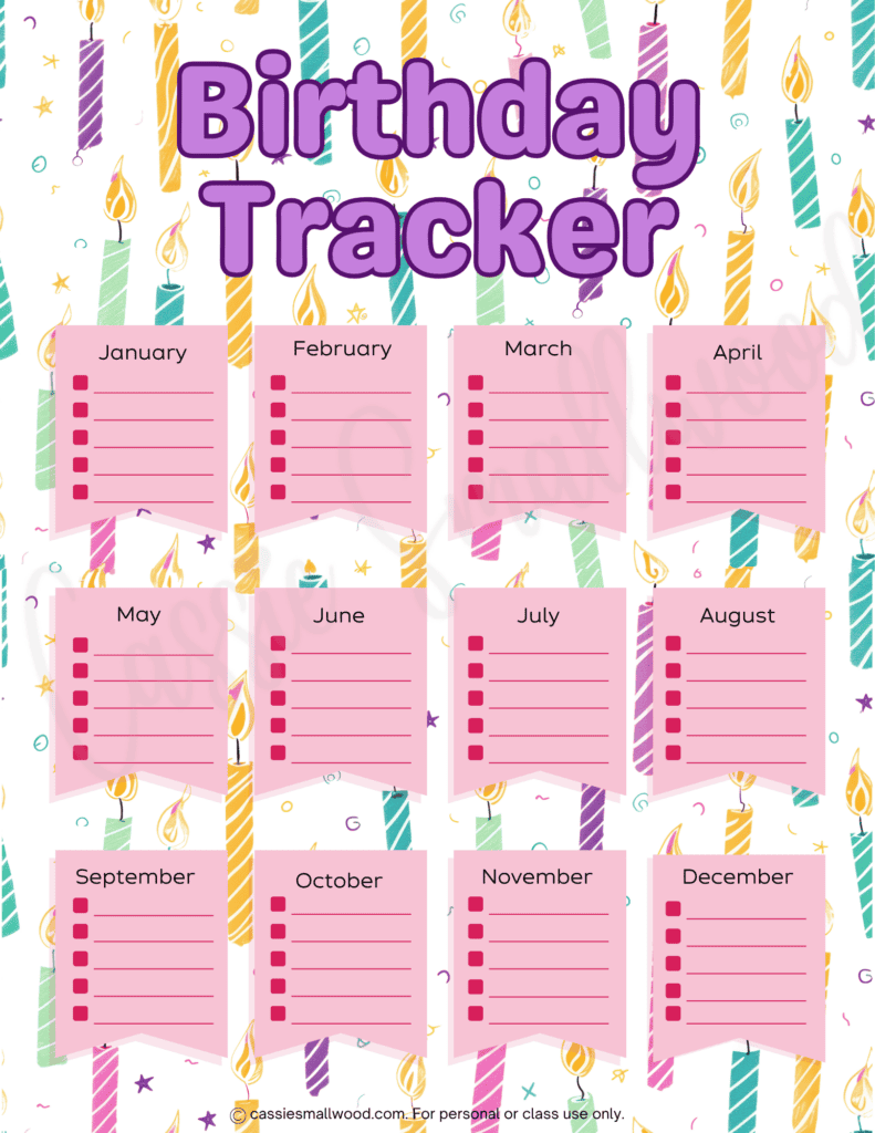 free printable birthday tracker pdf, cute yearly birthday calendar, family birthday list, classroom birthday chart poster free printable