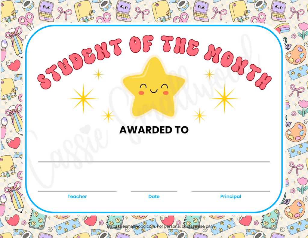 free printable student of the month certificate pdf, cute student of the month award elementary preschool kindergarten, free download student of the month award certificate