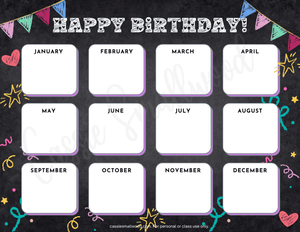 free printable happy birthday chart pdf, employee birthday calendar free printable, 12 month birthday calendar office or classroom