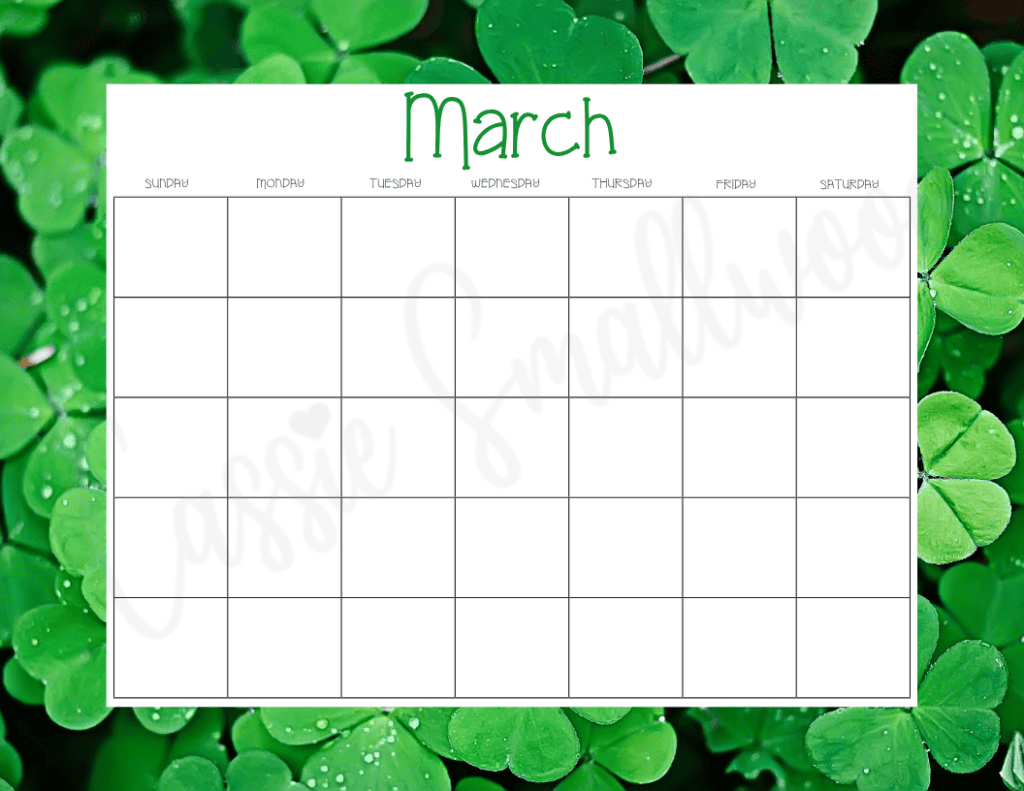 cute March blank calendar free printable pdf, monthly calendar with no dates, blank calendar template free printable
