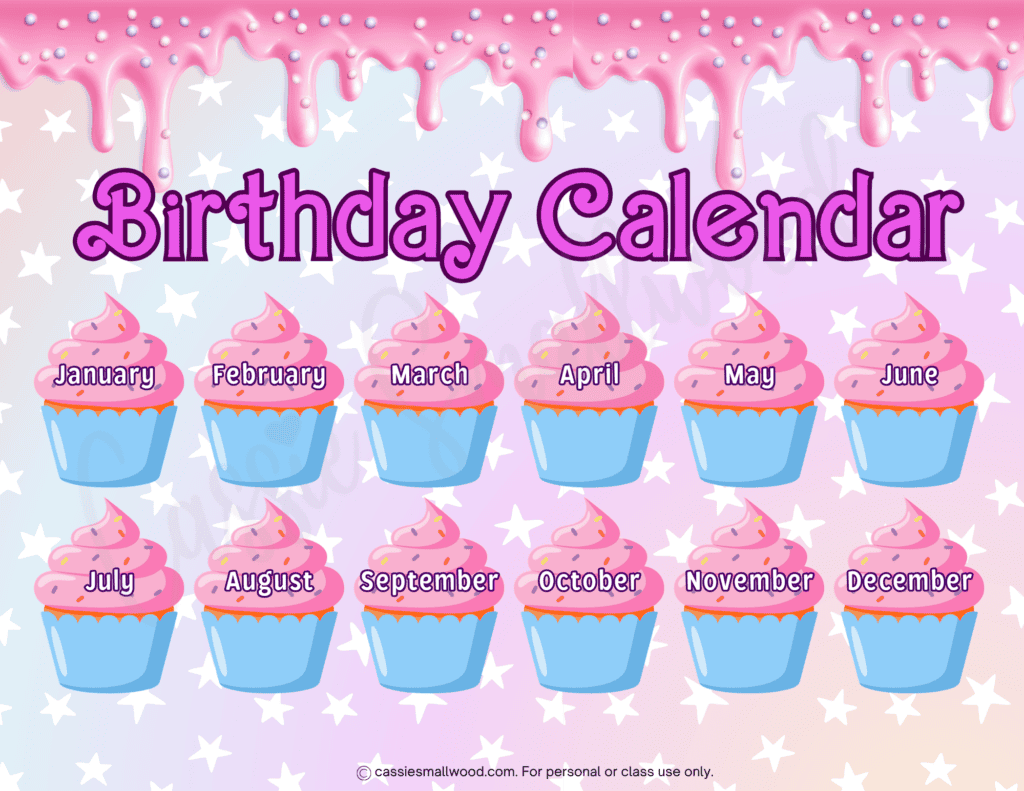 cute monthly birthday calendar free printable pdf, school classroom birthday chart primary school middle school high school, cute birthday tracker for work, family birthday list free download