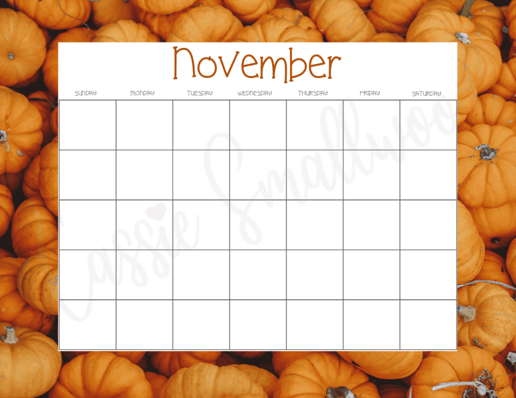 cute November blank calendar free printable pdf, full page blank monthly calendar, empty calendar design pretty