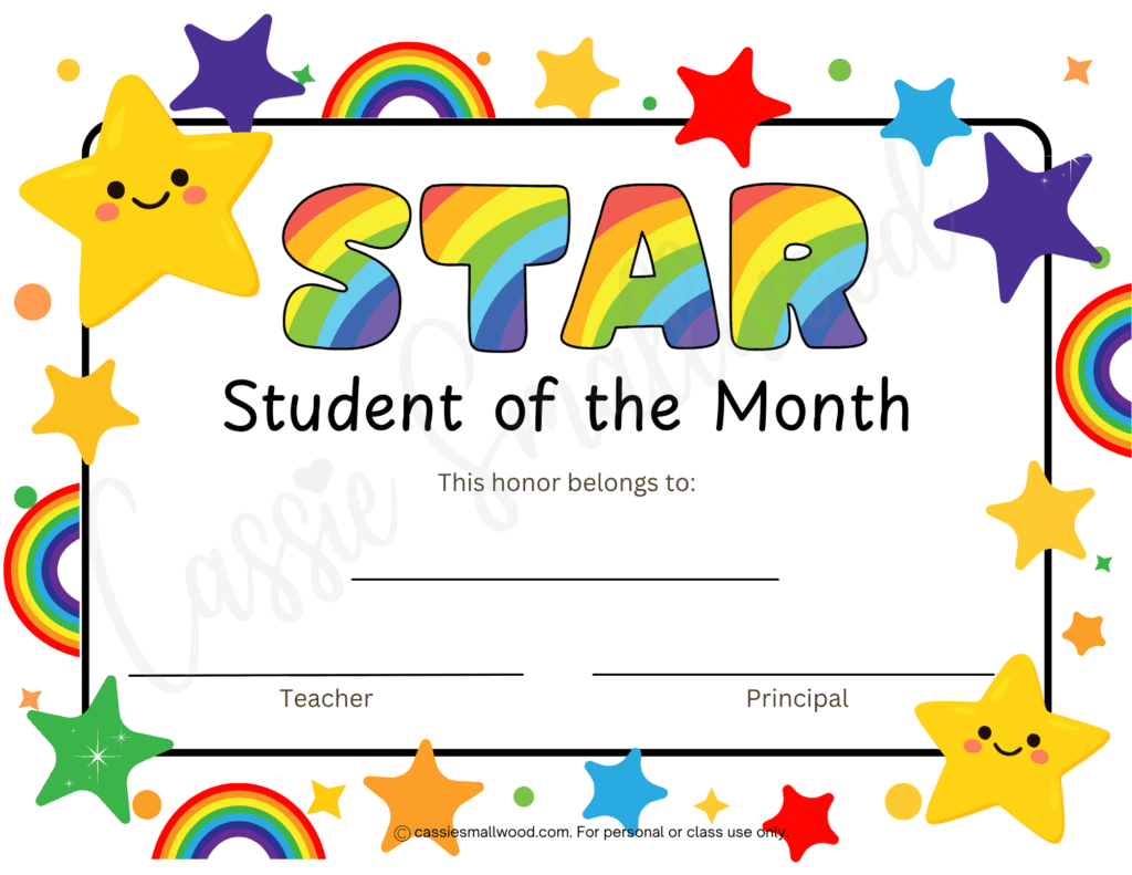 star student of the month award free printable pdf, star student of the month certificate, cute student of the month award certificate blank template