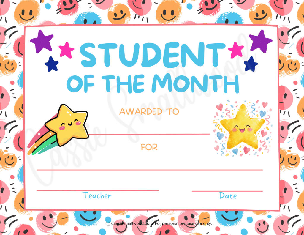 free printable cute student of the month certificate pdf, star of the month certificate free download, elementary student of the month recognition certificate free printable pdf