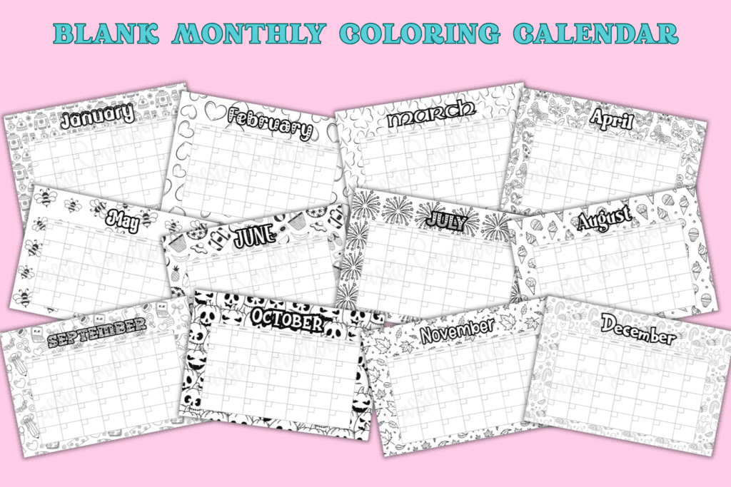 blank monthly calendar to color free printable pdf, black and white blank calendar template free printable, cute yearly coloring calendar