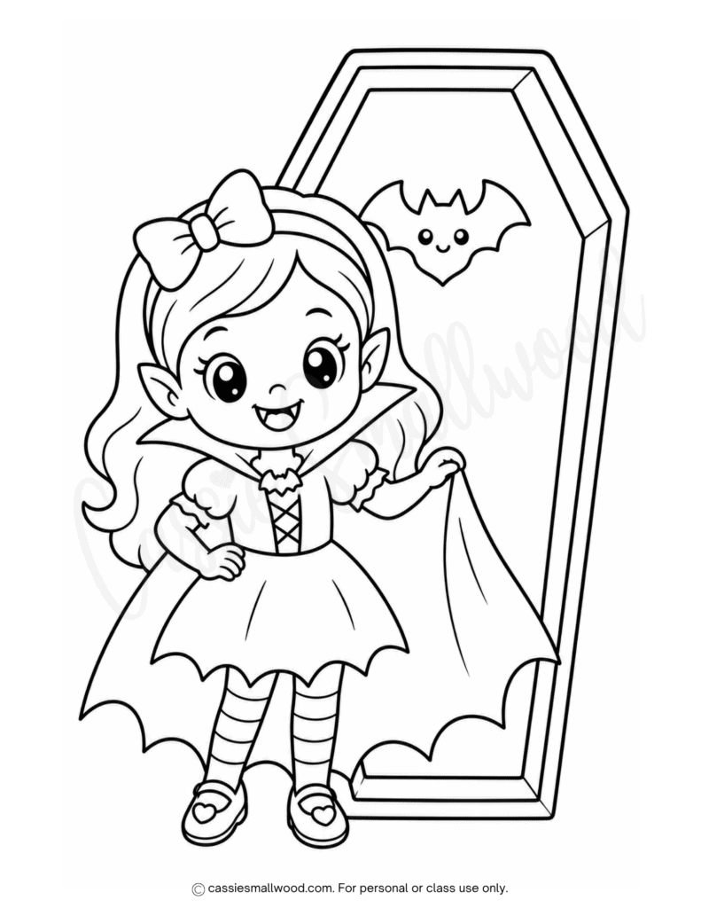 adorable girl vampire Halloween coloring page free printable pdf, cute Halloween vampire coloring sheet for kids, simple Halloween coloring page preschool, easy Halloween coloring page toddlers, kindergarten Halloween coloring sheet free download