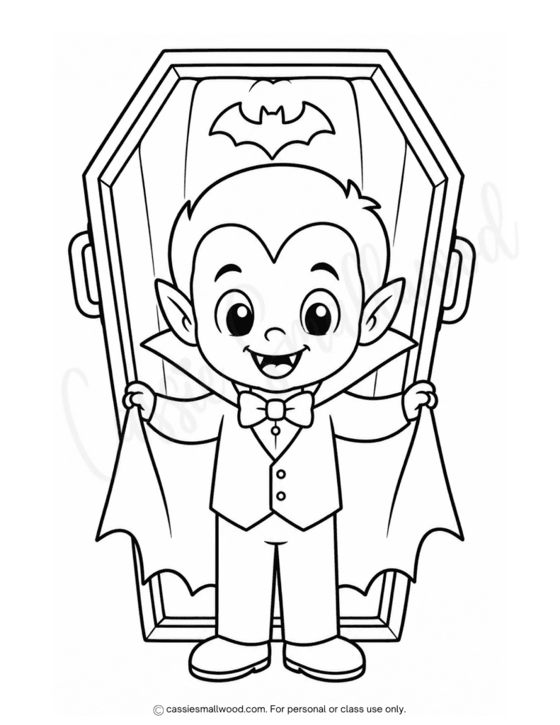 adorable vampire Halloween coloring page free printable pdf, cute Halloween vampire coloring page, easy vampire coloring page, simple Halloween coloring sheet for preschool