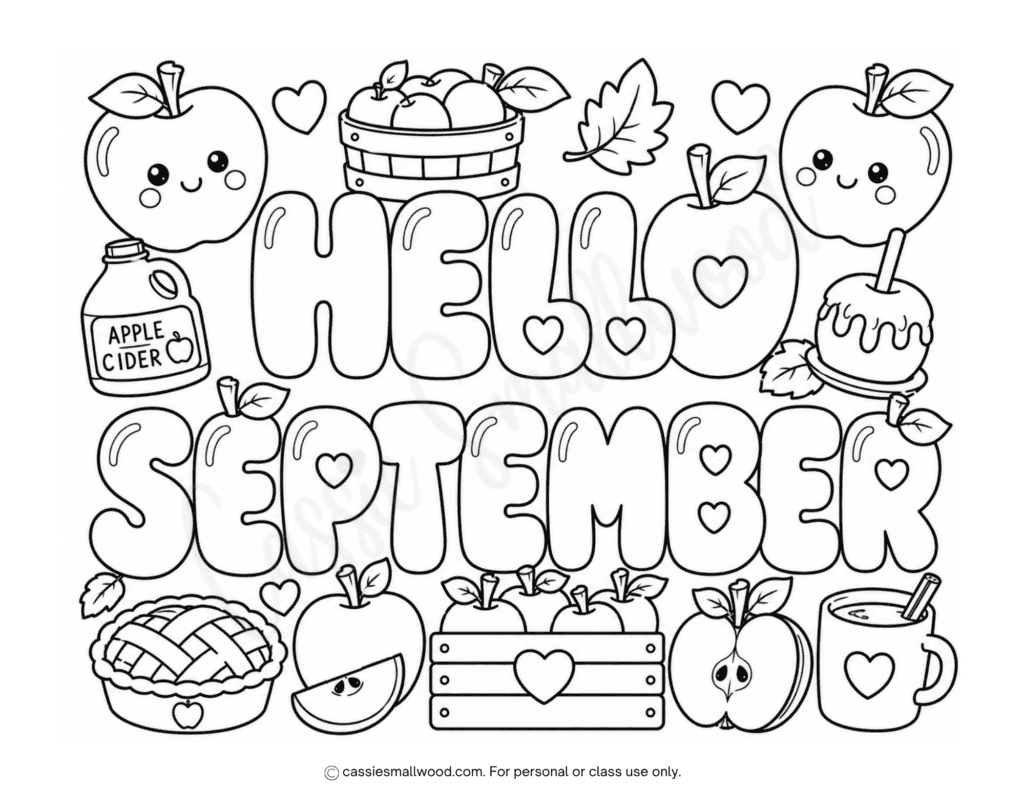 cute apple hello September coloring page free printable pdf, fall apple coloring page for kids, easy fall coloring sheet for preschool, kindergarten September coloring page, September classroom activities