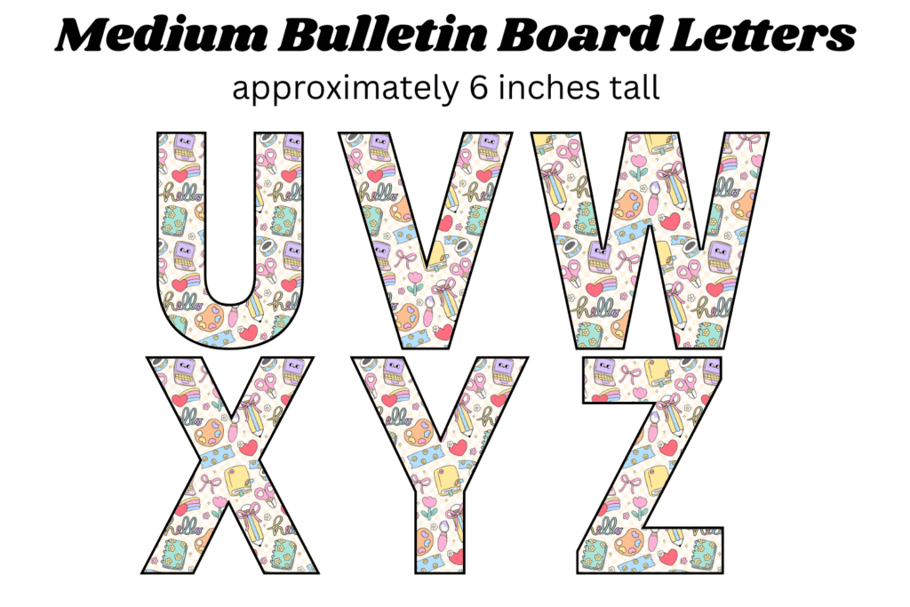 cute back to school bulletin board alphabet free printable pdf, cute back to school bulletin board decorations, back to school themed bulletin board letters A-Z, back to school theme pin board letters
