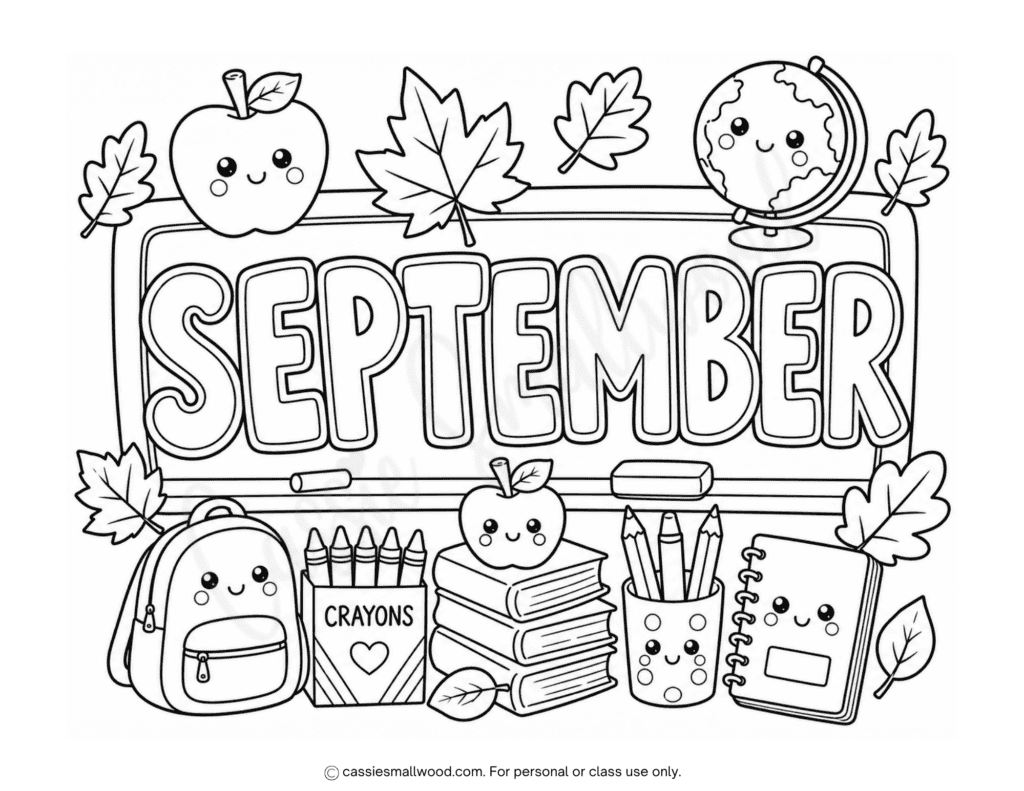 cute back to school September coloring page, cute back to school coloring sheets for kids, first day of school coloring page, coloring sheets for September, Kindergarten fall activities