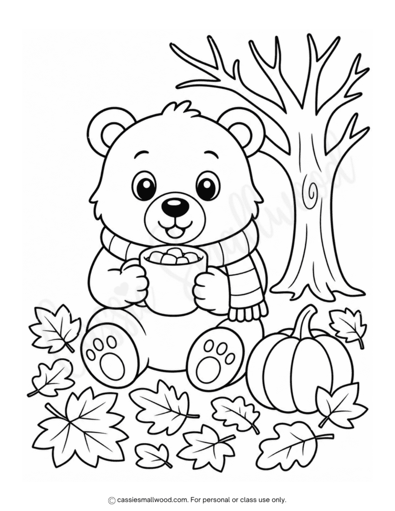 bear drinking hot cocoa fall coloring page free printable pdf, cute fall coloring pages for kids, easy fall coloring sheets for preschoolers kindergarteners and toddlers, fall bear coloring page, animal autumn coloring sheet