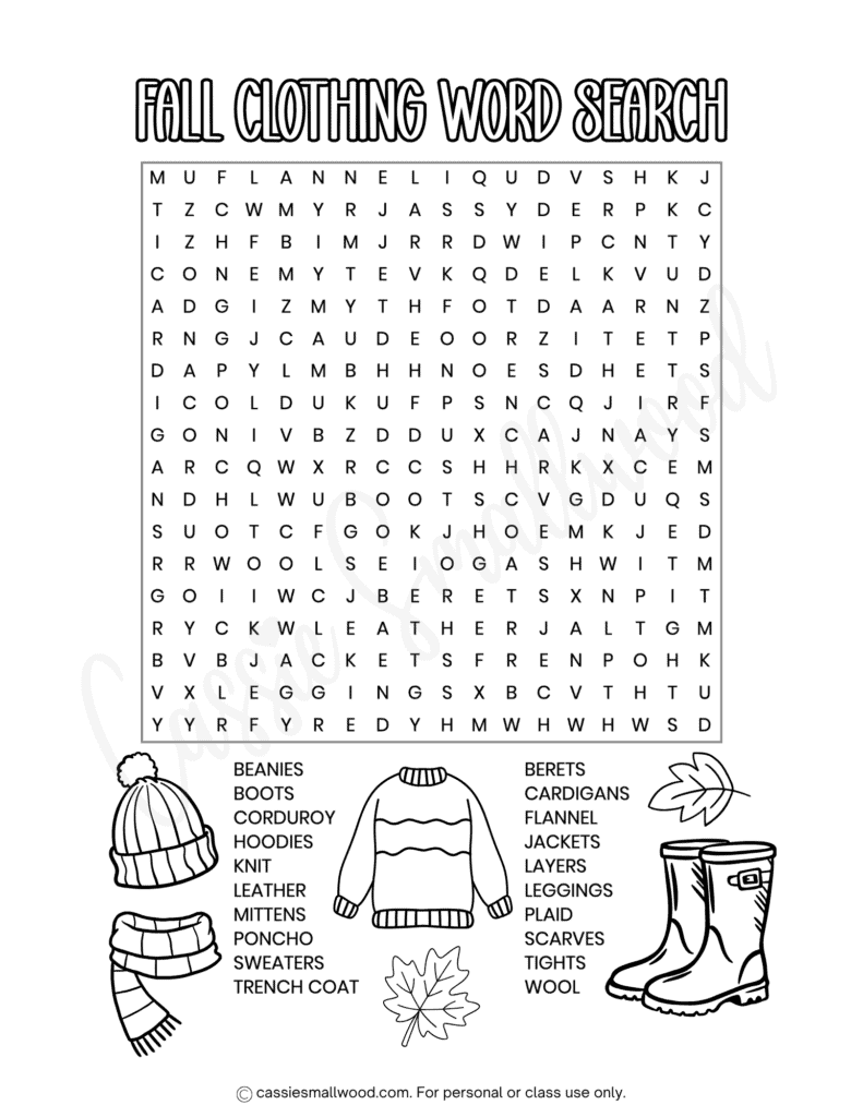 fun clothing fall word search for kids free printable pdf, difficult fall word find 4th grade, autumn worksheets for elementary students, fall activity sheets for kids