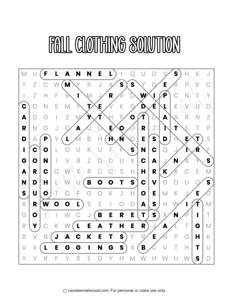 fall clothing word search answer key free printable pdf, fun fall word search with answers, autumn word find for kids free printable pdf, fall worksheets for elementary students, 4th grade fall activity sheets