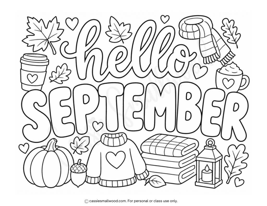 cozy September coloring page free printable pdf, cute fall coloring page for kids, September color sheets, September homeschool printables