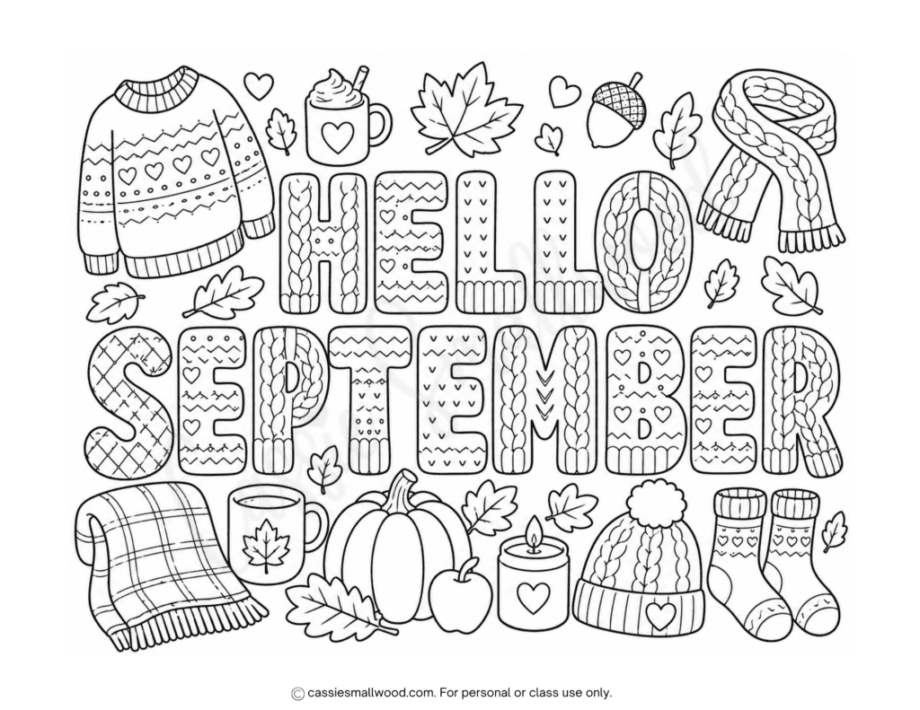 cozy sweater hello september coloring page for kids free printable pdf, cute fall coloring pages for kids, preschool September coloring page, kindergarten September coloring page, fun September indoor activities for kids
