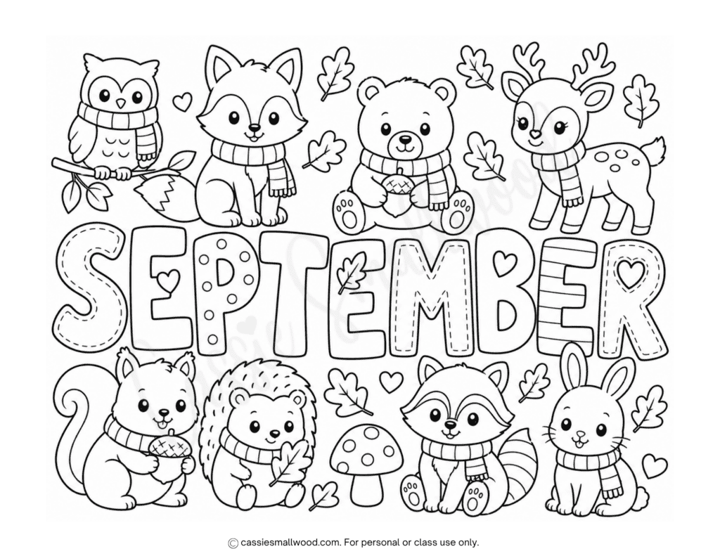 cozy woodland animals September coloring page free printable pdf, fox coloring page, owl coloring page, deer coloring page, hedgehog coloring page, fall pictures to color, fall classroom activities free printable download pdf
