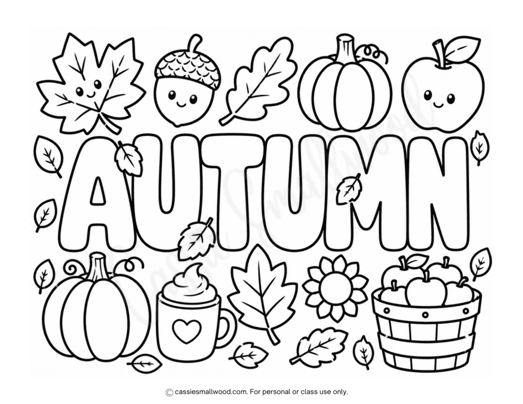 cute autumn coloring page for kids free printable pdf, easy autumn coloring page for kids free printable pdf, simple autumn coloring sheet preschool toddlers kindergarten elementary school students