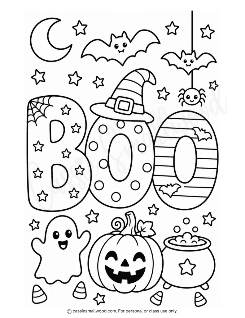 Cute BOO Halloween coloring page free printable pdf, Boo coloring sheet for kids free printable, downloadable Halloween coloring sheet fun full page