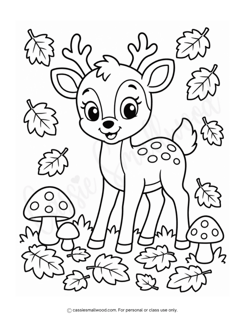 cute deer and mushrooms fall coloring page free printable pdf, fall leaves coloring page for kids, woodland animals coloring page, deer coloring sheet for kids easy