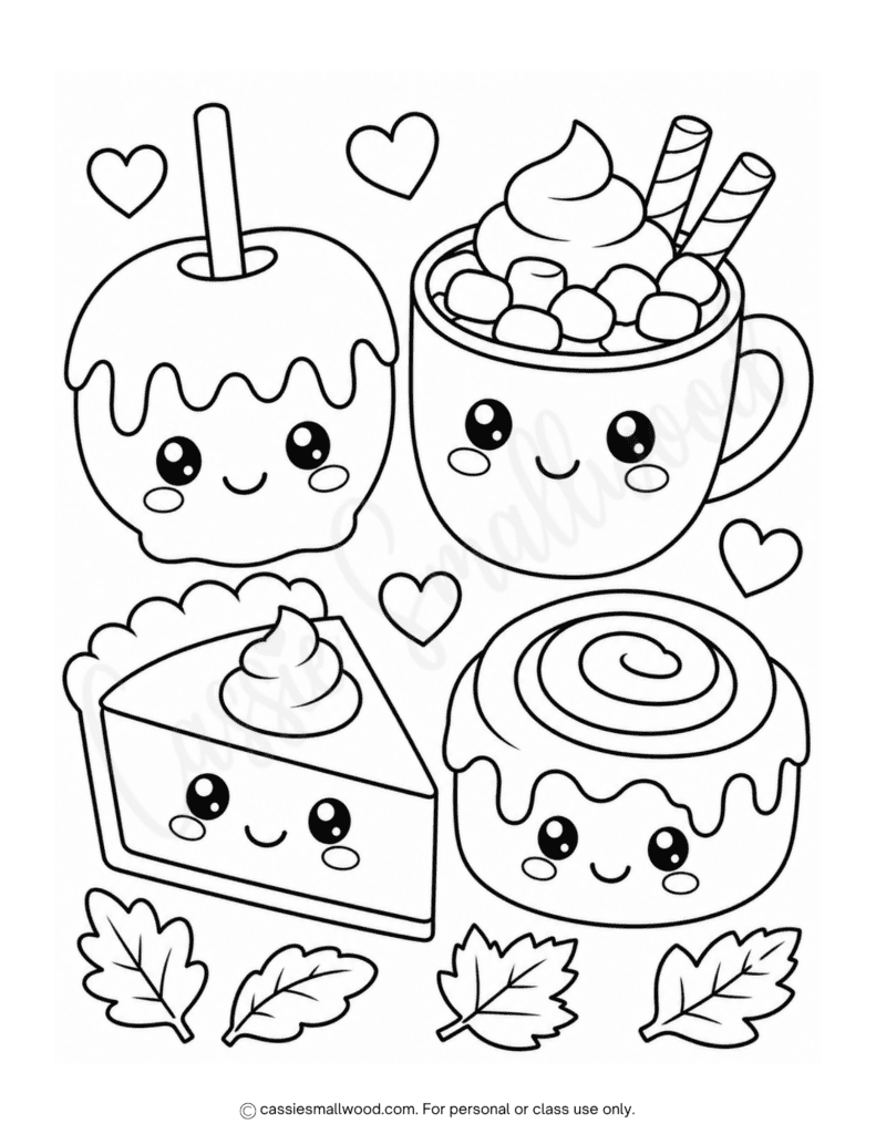 cute fall treats coloring page free printable pdf, kawaii food coloring page fall, caramel apple coloring page, pumpkin pie coloring page, hot cocoa coloring page, cinnamon roll coloring page, cute autumn coloring sheets for kids easy simple