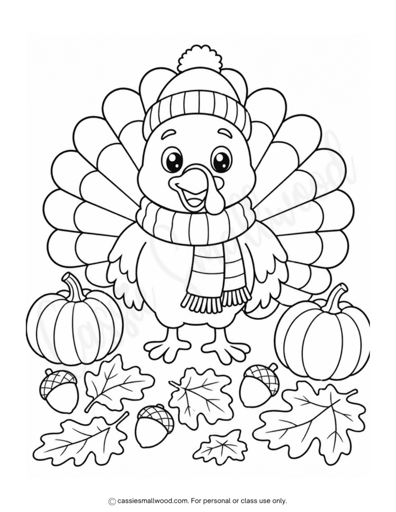 cute fall turkey coloring page free printable pdf, cute Thanksgiving coloring page for kids, turkey fall coloring page, autumn coloring page for kids free printable pdf, cute fall coloring sheet for children easy simple