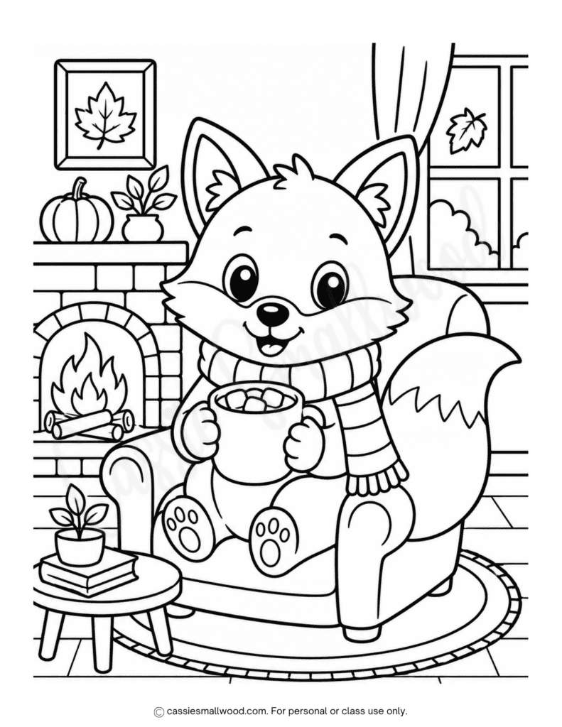 Cute fox fall coloring page free printable pdf, cozy fall coloring page for kids, children's autumn coloring page