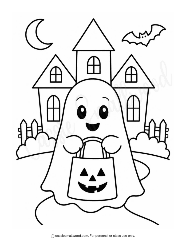 free printable cute ghost and haunted house coloring page pdf, easy Halloween coloring page for preschool toddlers, simple ghost coloring sheet for kids kawaii