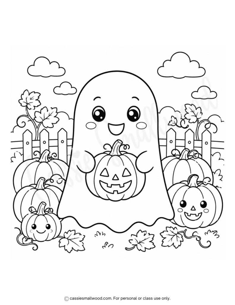 cute ghost pumpkin patch coloring page free printable pdf, Halloween ghost coloring sheet for kids, Pumpkin patch coloring page for kids