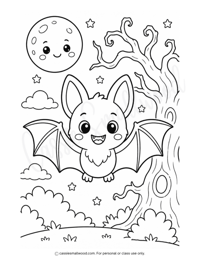 Cute Halloween bat coloring page free printable pdf, fun Halloween coloring page for kids, kawaii Halloween coloring sheet full page