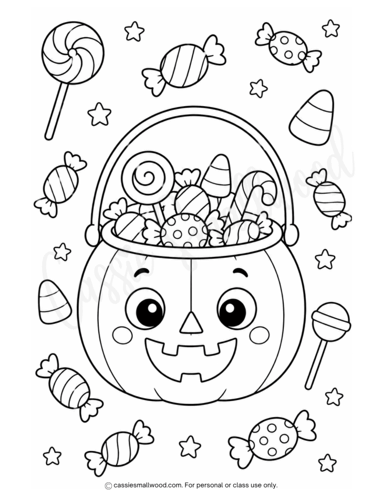 cute Halloween candy bucket coloring page free printable pdf, Halloween candy coloring sheet for kids, fun Halloween coloring page full page