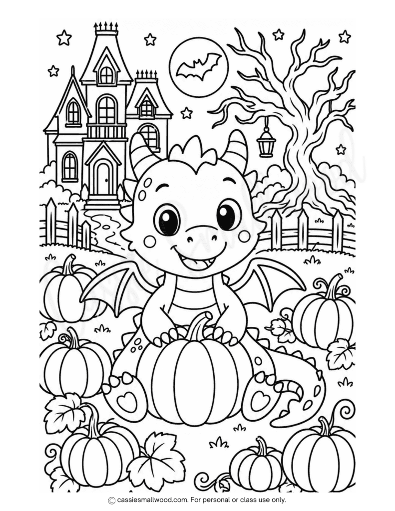 cute dragon Halloween coloring page free printable pdf, detailed Halloween coloring page for kids, fun Halloween coloring sheet