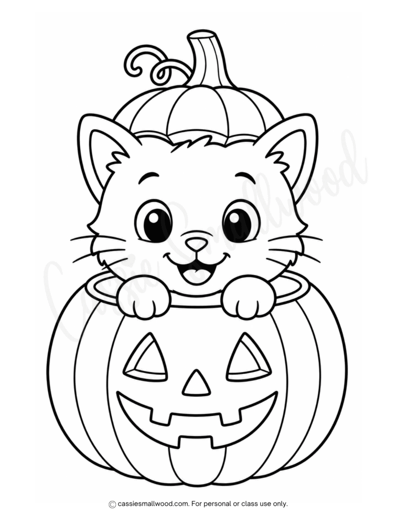 cute Halloween kitty coloring page free printable pdf, easy cat Halloween coloring page for toddlers, preschool, and kindergarten kids, kitten and jack o lantern coloring page