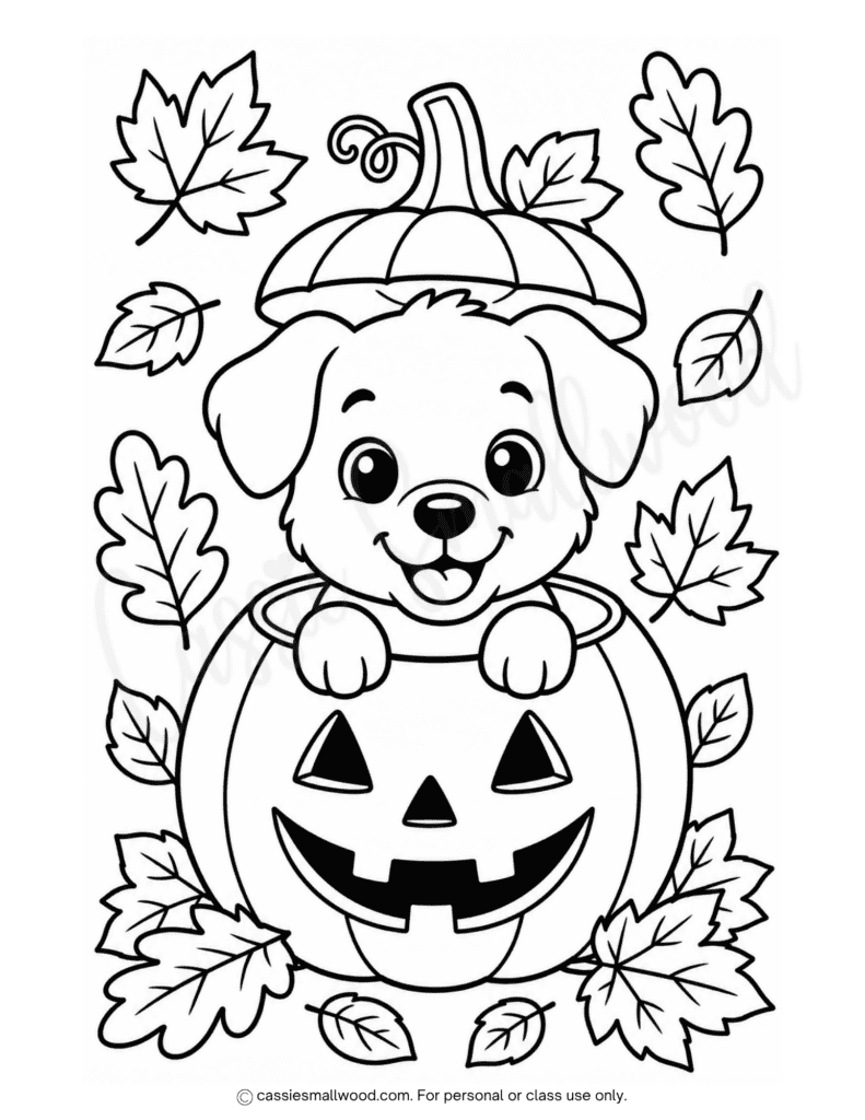 cute Halloween puppy coloring page free printable pdf, fun dog Halloween coloring sheet for kids, simple Halloween coloring page kindergarten