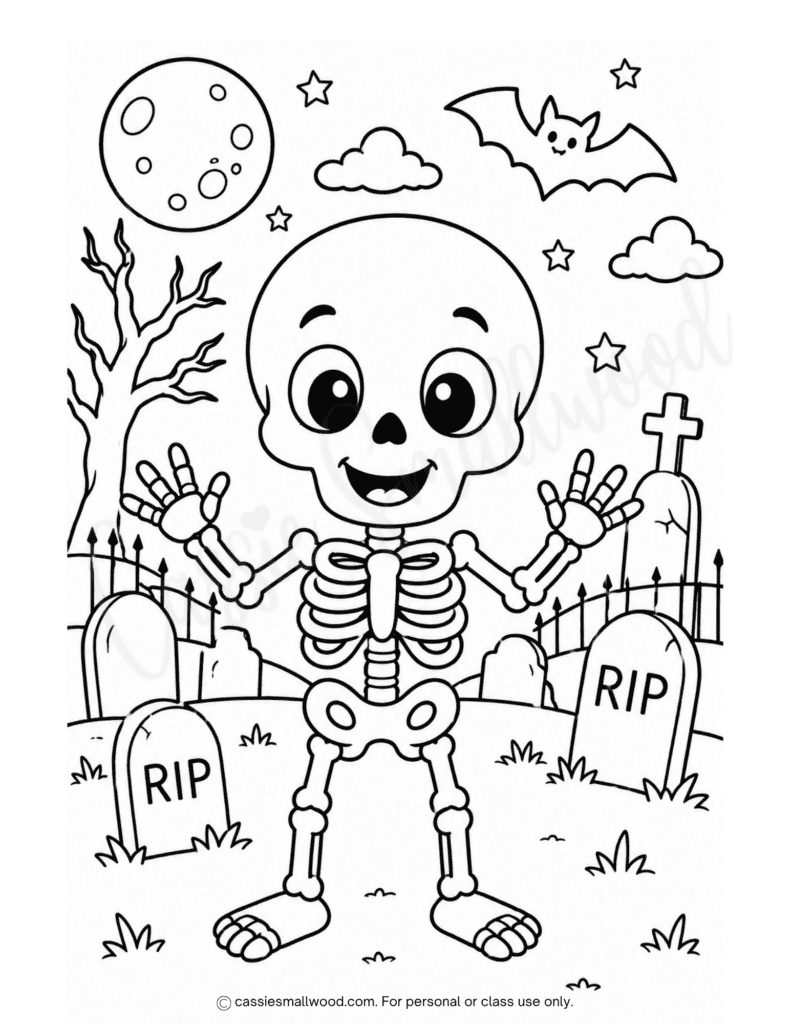 cute Halloween skeleton coloring page free printable pdf, cute Halloween coloring page for kids, cute skeleton coloring page for kids, fun Halloween coloring sheet for children