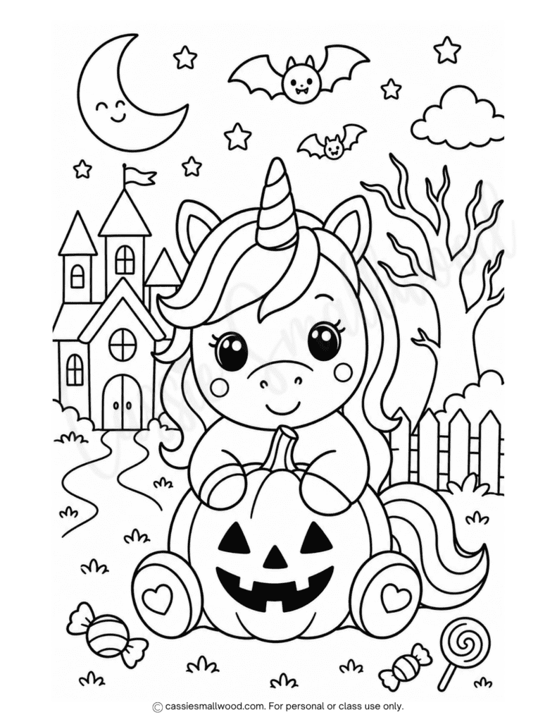 cute unicorn Halloween coloring page free printable pdf, fun Halloween coloring sheet for kids, full page Halloween unicorn coloring page free download