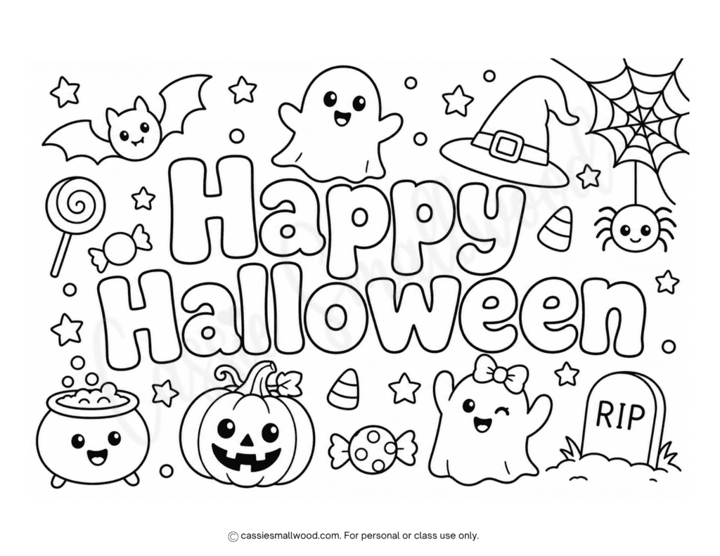 cute Happy Halloween coloring page free printable pdf, easy Happy Halloween coloring page for kids, preschool Halloween coloring sheet, toddler Halloween coloring page
